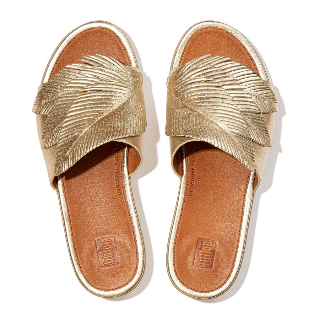 Fitflop Womens Slides - Sola Feather Metallic Leather - Gold - 574-YKDSZT